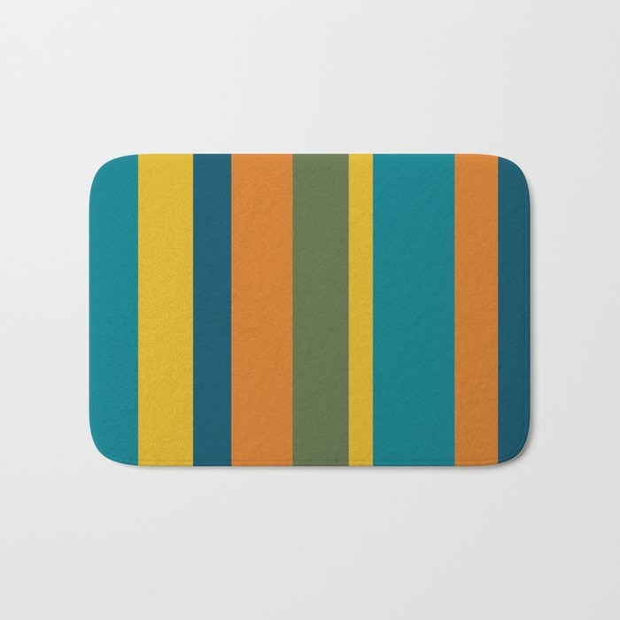 Vertical Stripe Pattern in Moroccan Teal Blue Orange Green Mustard Bath Mat Gallery Image 1