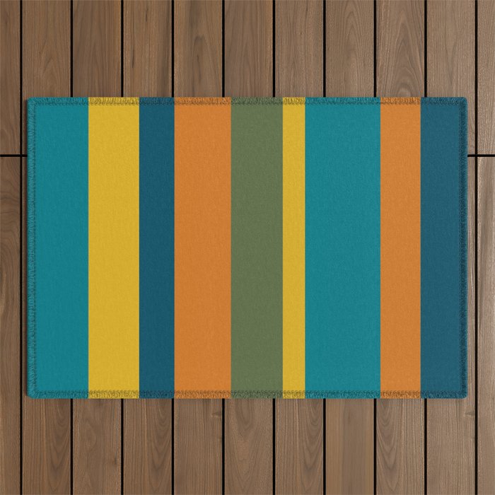Vertical Stripe Pattern in Moroccan Teal Blue Orange Green Mustard Outdoor Rug Gallery Image 1