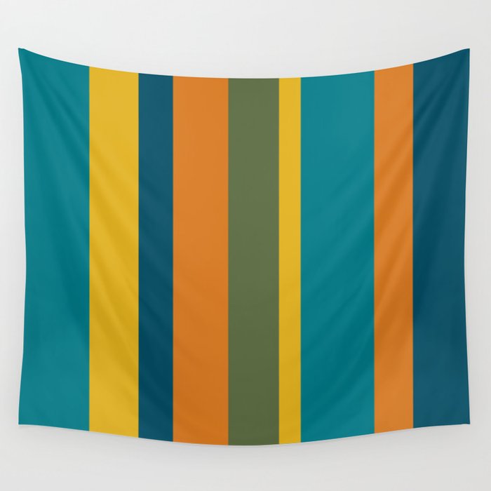 Vertical Stripe Pattern in Moroccan Teal Blue Orange Green Mustard Wall Tapestry Gallery Image 1