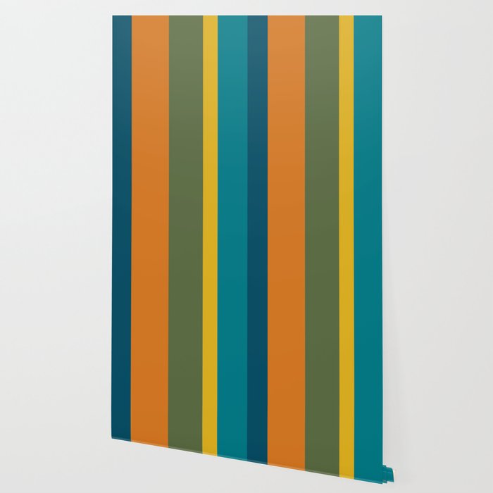 Vertical Stripe Pattern in Moroccan Teal Blue Orange Green Mustard Wallpaper Gallery Image 2