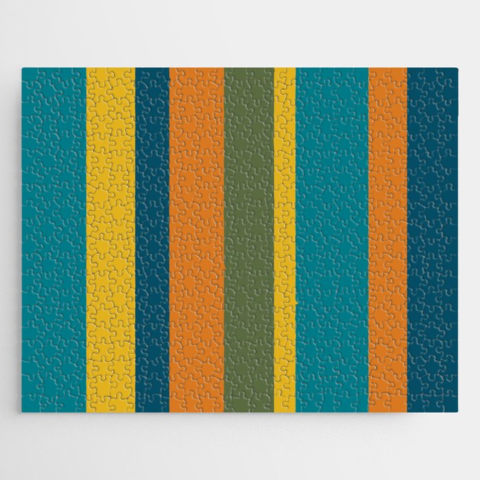 Vertical Stripe Pattern in Moroccan Teal Blue Orange Green Mustard Jigsaw Puzzle Gallery Image 1