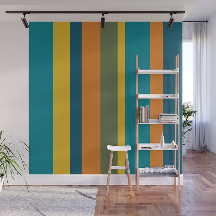Vertical Stripe Pattern in Moroccan Teal Blue Orange Green Mustard Wall Mural Gallery Image 1