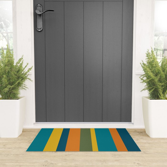 Vertical Stripe Pattern in Moroccan Teal Blue Orange Green Mustard Welcome Mat Gallery Image 3