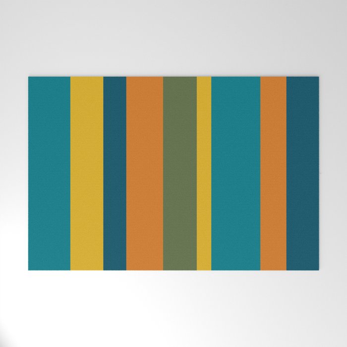 Vertical Stripe Pattern in Moroccan Teal Blue Orange Green Mustard Welcome Mat Gallery Image 1
