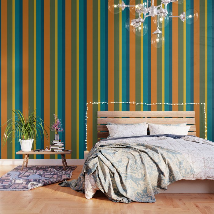 Vertical Stripe Pattern in Moroccan Teal Blue Orange Green Mustard Wallpaper Gallery Image 3