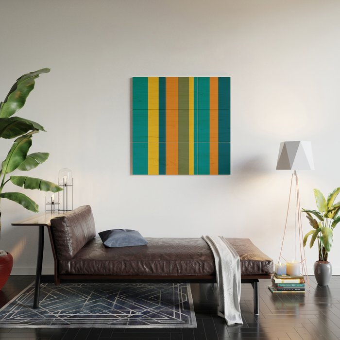 Vertical Stripe Pattern in Moroccan Teal Blue Orange Green Mustard Wood Wall Art Gallery Image 2