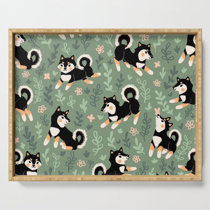 Playful Black And Tan Shiba Inu Pattern Serving Tray Gallery Image 1