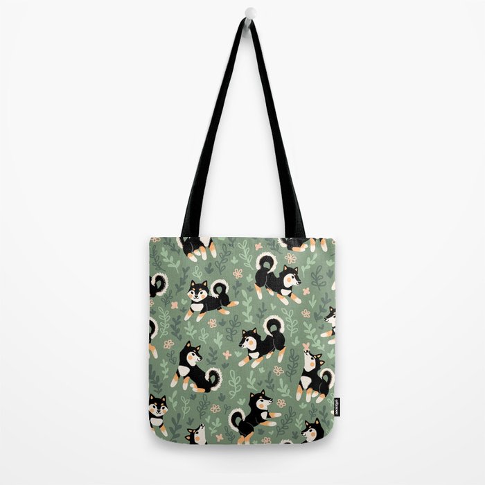 Playful Black And Tan Shiba Inu Pattern Tote Bag Gallery Image 2
