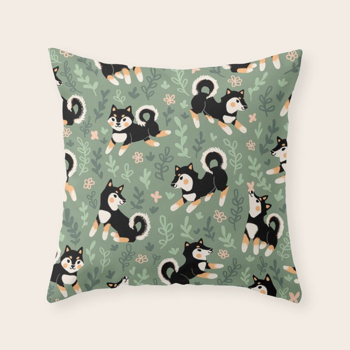 Playful Black And Tan Shiba Inu Pattern Throw Pillow Gallery Image 6