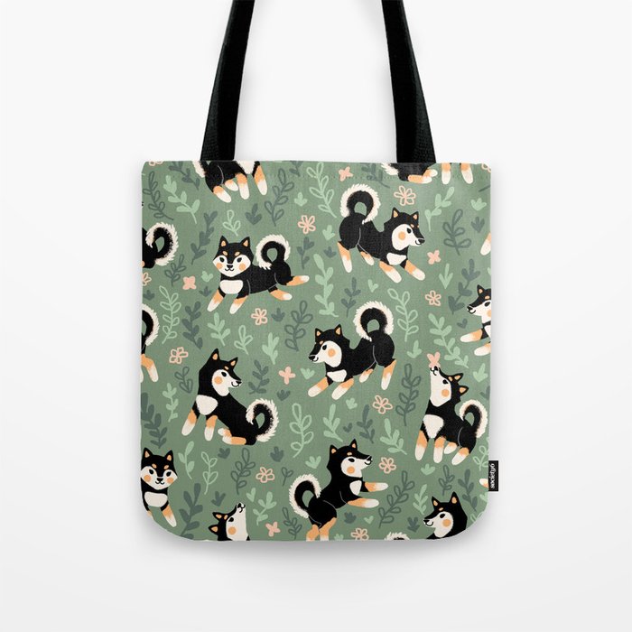 Playful Black And Tan Shiba Inu Pattern Tote Bag Gallery Image 1