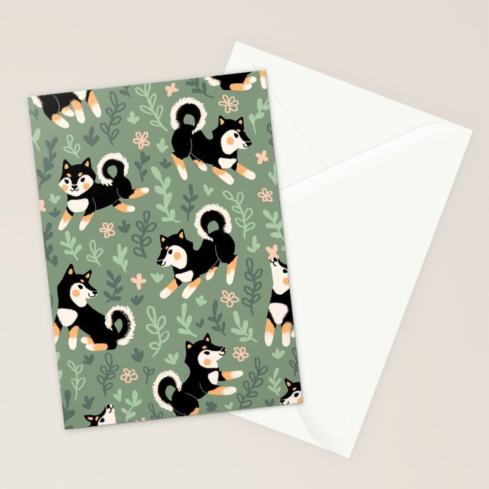 Playful Black And Tan Shiba Inu Pattern Stationery Card Gallery Image 2