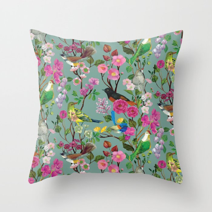 Birds and Blooms Chinoiserie {Duck Egg} Throw Pillow Gallery Image 1