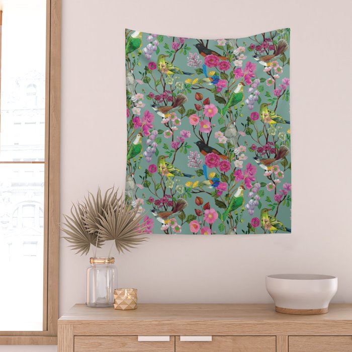 Birds and Blooms Chinoiserie {Duck Egg} Wall Tapestry Gallery Image 2