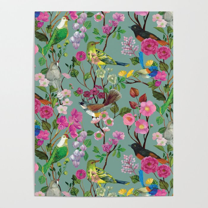 Birds and Blooms Chinoiserie {Duck Egg} Poster Gallery Image 4