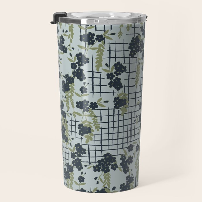 Blue floral with checks Travel Mug Gallery Image 3