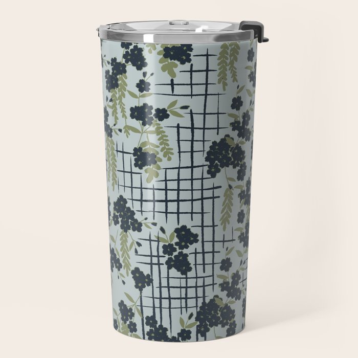 Blue floral with checks Travel Mug Gallery Image 2