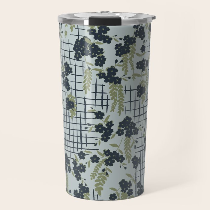 Blue floral with checks Travel Mug Gallery Image 1