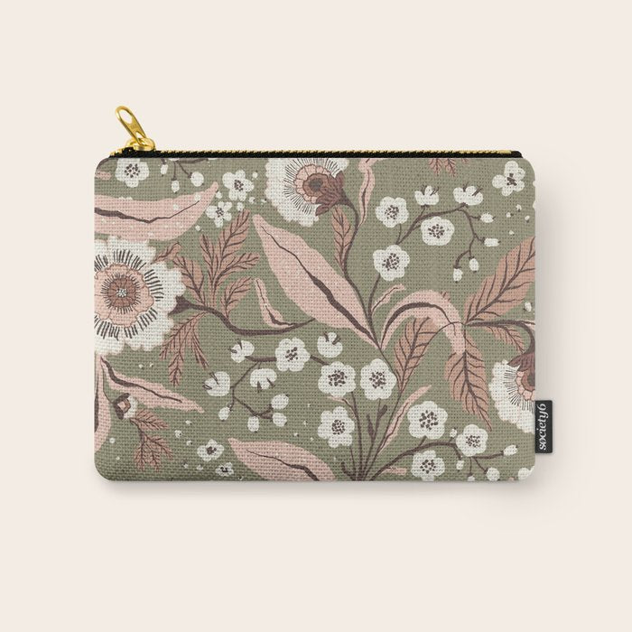 Sage Green and Mocha Mousse Vintage Floral Pattern Carry All Pouch Gallery Image 1