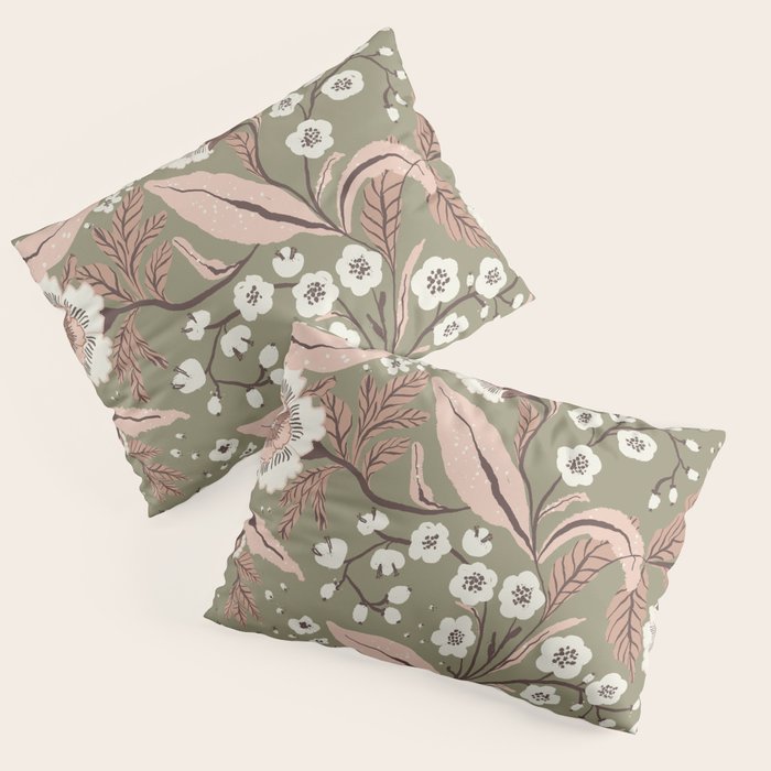 Sage Green and Mocha Mousse Vintage Floral Pattern Pillow Sham Gallery Image 3
