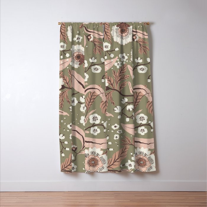 Sage Green and Mocha Mousse Vintage Floral Pattern Window Curtain Gallery Image 3