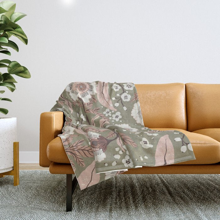 Sage Green and Mocha Mousse Vintage Floral Pattern Throw Blanket Gallery Image 1