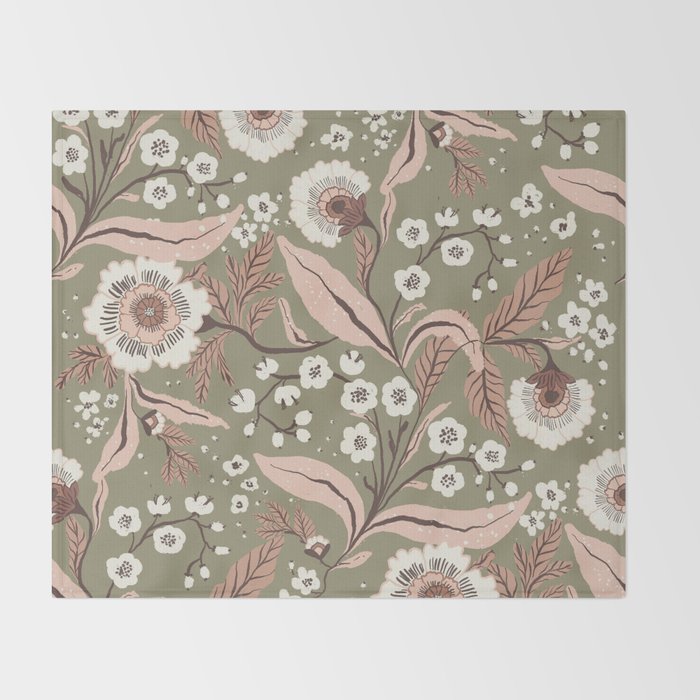 Sage Green and Mocha Mousse Vintage Floral Pattern Throw Blanket Gallery Image 2