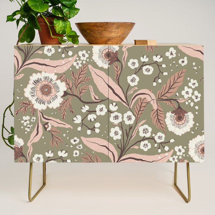 Sage Green and Mocha Mousse Vintage Floral Pattern Credenza Gallery Image 1