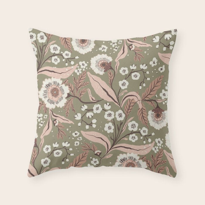 Sage Green and Mocha Mousse Vintage Floral Pattern Throw Pillow Gallery Image 6