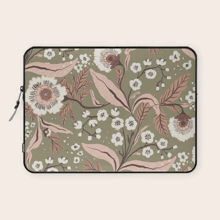 Sage Green and Mocha Mousse Vintage Floral Pattern Laptop Sleeve Gallery Image 1