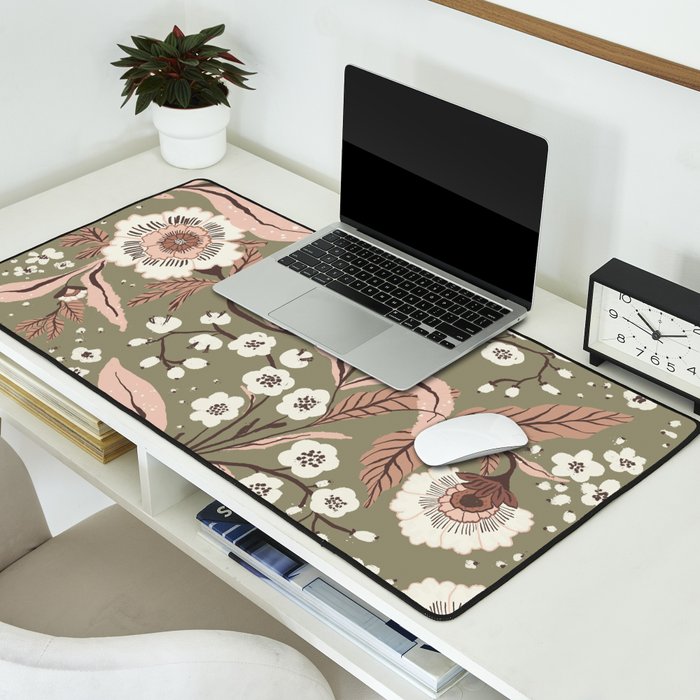 Sage Green and Mocha Mousse Vintage Floral Pattern Desk Mat Gallery Image 2