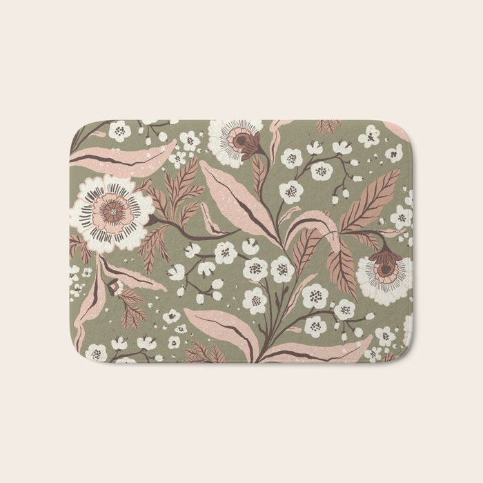 Sage Green and Mocha Mousse Vintage Floral Pattern Bath Mat Gallery Image 1