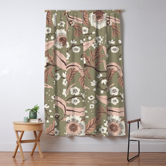 Sage Green and Mocha Mousse Vintage Floral Pattern Window Curtain Gallery Image 5