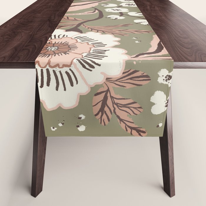 Sage Green and Mocha Mousse Vintage Floral Pattern Table Runner Gallery Image 1