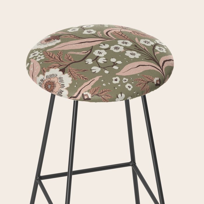 Sage Green and Mocha Mousse Vintage Floral Pattern Stool Gallery Image 2