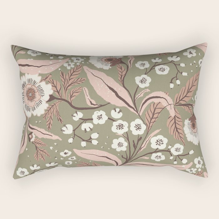 Sage Green and Mocha Mousse Vintage Floral Pattern Rectangular Pillow Gallery Image 2