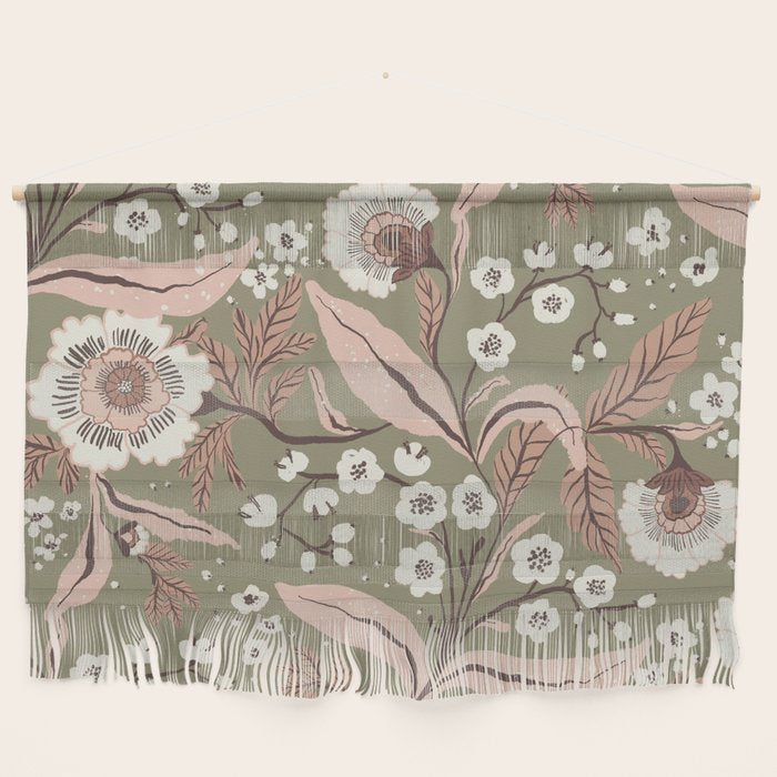 Sage Green and Mocha Mousse Vintage Floral Pattern Wall Hanging Gallery Image 1
