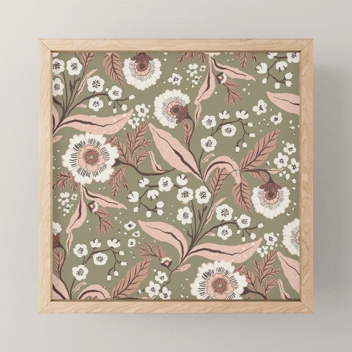 Sage Green and Mocha Mousse Vintage Floral Pattern Mini Art Print Gallery Image 1