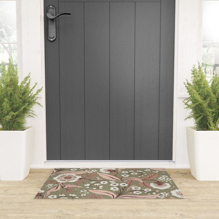 Sage Green and Mocha Mousse Vintage Floral Pattern Welcome Mat Gallery Image 3