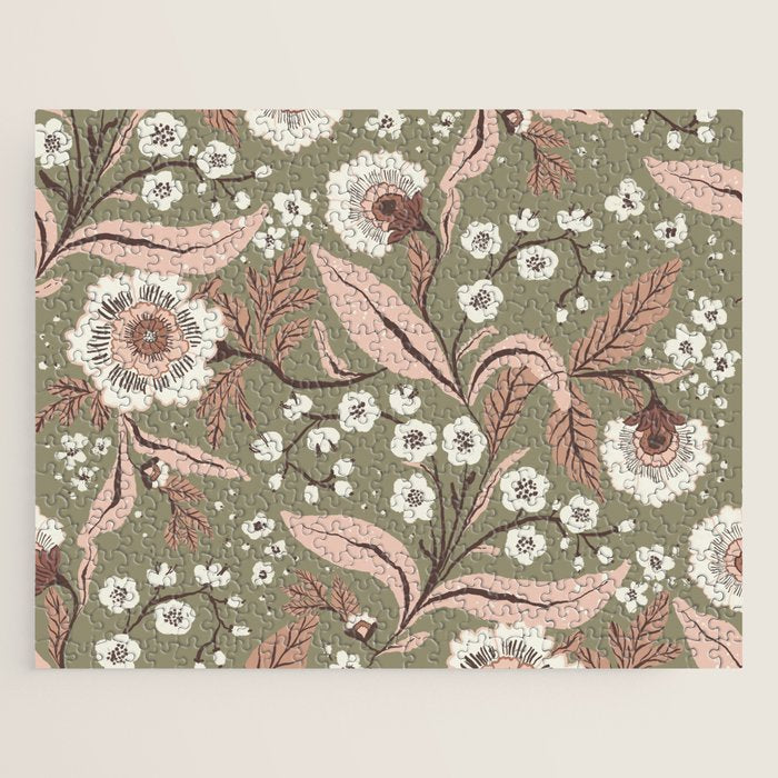 Sage Green and Mocha Mousse Vintage Floral Pattern Jigsaw Puzzle Gallery Image 1
