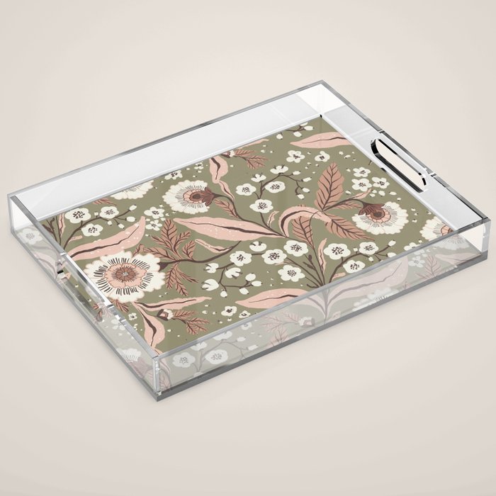Sage Green and Mocha Mousse Vintage Floral Pattern Acrylic Tray Gallery Image 1