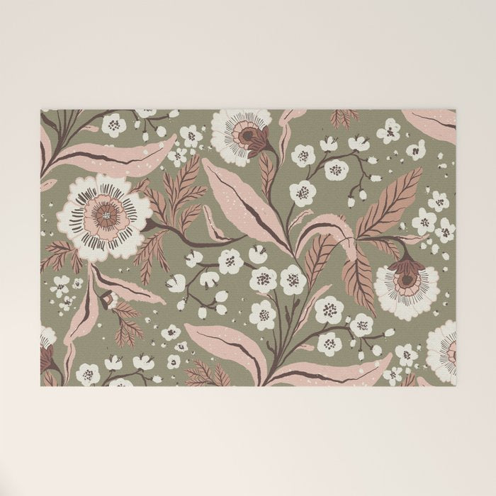 Sage Green and Mocha Mousse Vintage Floral Pattern Welcome Mat Gallery Image 1