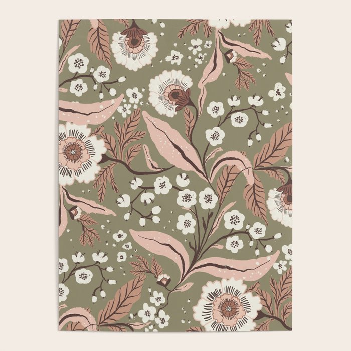 Sage Green and Mocha Mousse Vintage Floral Pattern Poster Gallery Image 4