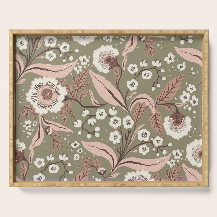 Sage Green and Mocha Mousse Vintage Floral Pattern Serving Tray Gallery Image 1