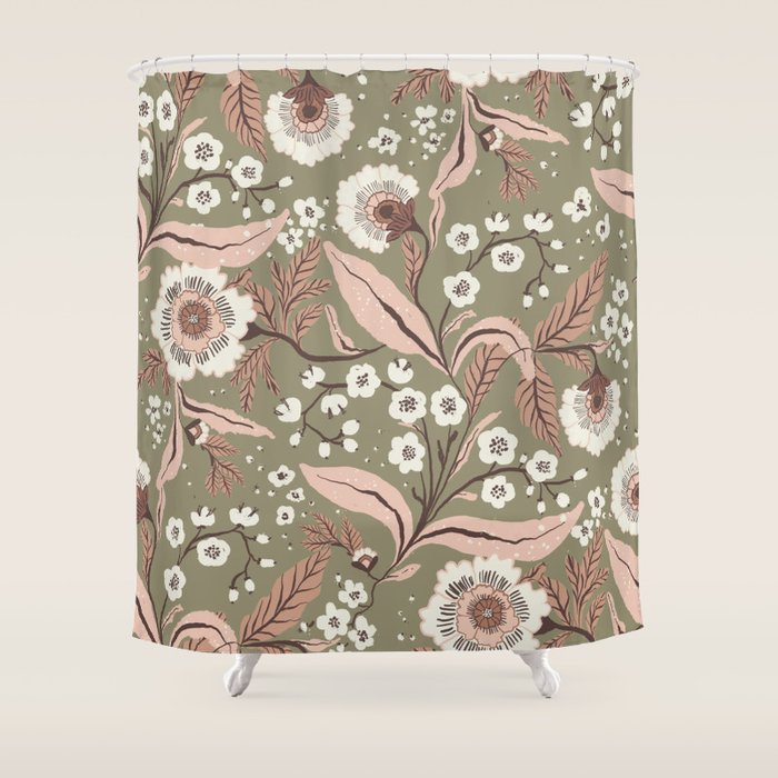 Sage Green and Mocha Mousse Vintage Floral Pattern Shower Curtain Gallery Image 1