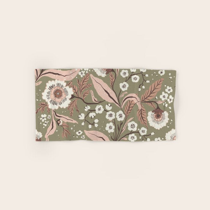 Sage Green and Mocha Mousse Vintage Floral Pattern Bath Towel Gallery Image 1