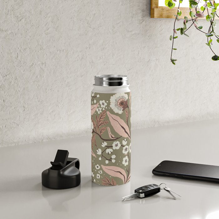 Sage Green and Mocha Mousse Vintage Floral Pattern Water Bottle Gallery Image 4