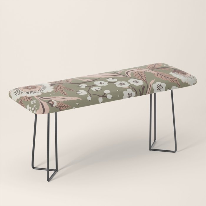 Sage Green and Mocha Mousse Vintage Floral Pattern Bench Gallery Image 1