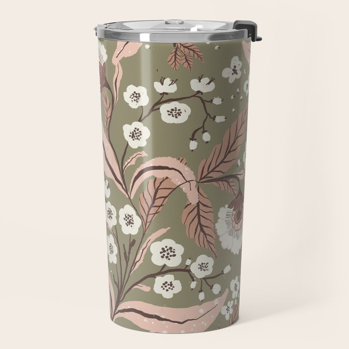 Sage Green and Mocha Mousse Vintage Floral Pattern Travel Mug Gallery Image 2