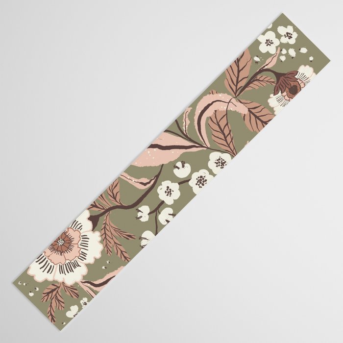 Sage Green and Mocha Mousse Vintage Floral Pattern Table Runner Gallery Image 3