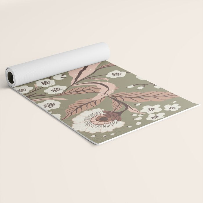 Sage Green and Mocha Mousse Vintage Floral Pattern Yoga Mat Gallery Image 2